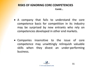 55
RISKS OF IGNORING CORE COMPETENCIES
Contd...
 A company that fails to understand the core
competence basis for competition in its industry
may be surprised by new entrants who rely on
competencies developed in other end markets.
 Companies insensitive to the issue of core
competence may unwittingly relinquish valuable
skills when they divest an under-performing
business.
© www.asia-masters.com
 