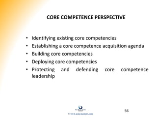 56
CORE COMPETENCE PERSPECTIVE
• Identifying existing core competencies
• Establishing a core competence acquisition agenda
• Building core competencies
• Deploying core competencies
• Protecting and defending core competence
leadership
© www.asia-masters.com
 