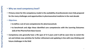 • Why we need competency level?
• Primary vision for this competency model is the availability of professionals more fully prepared
for the many challenges and opportunities in pharmaceutical medicine in the next decade
• Objectives
to define a set of core competencies for pharmaceuticals
to benchmark and align these identified core competencies with the Learning Outcomes
(LO) of the PharmaTrain Base Course
• Competency sets generally have a life span of 3–5 years and it will be soon time to revisit the
set and initiate new activities for further refinement and updating in line with new thinking and
future challenges in the field
ManipalCollegeofPharmaceuticalSciences(MCOPS)
3
 