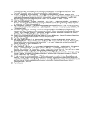 Competencies • Pay increase based on competency development • Career Bands and Career Paths
      (Vertical & Horizontal) based on Competencies Source: Hewitt Associates 17
18.   In Short, The Promise of Competencies…. P rovides consistent selection criteria R aises the bar of
      performance fp f O ffers data to tailor development M easures “how” intellect is deployed I ntegrates all HR
      systems with business strategy around factors that contribute to organizational success S upports self-
      directed career planning E mphasizes people (versus job) capabilities 18 Noble & Hewitt
19.   A look at HR Competencies p 19
20.   5 Key HR Competencies 1. Strategic Contribution 1 St t i C t ib ti y 2. Personal Credibility 3. HR Delivery 4.
      Business Knowledge 5. HR Technology Investing in HR Professionals through Training and Development
      for enhancing the HR competencies g p 20
21.   HR Competency Typology B e h a Generic Behavioral Functional Behavioral v i o (Set IV) (Set II) r a l T e c
      h Generic Technical Functional Technical n i (Set III) (Set I) c a l Generic Functional Source: NHRDN’s HR
      Compass Model 21
22.   Functional Competencies Functional Technical Competencies Recruitment & Selection Performance
      Management Talent Management Compensation and Benefit Culture, Managing Culture Design & Change
      ER and Labour Laws HR Strategy I t International HRM ti l Functional Behavioral Competencies Service
      Orientation Personal Credibility Execution Excellence 22
23.   Generic Competencies Generic Behavioral Strategic Thinking & Alignment Change Orientation Networking
      Generic Technical Business Knowledge Financial Perspective 23
24.   The Max Example!! 24
25.   Max India: In the Business of Life Multi-business corporate I Focused on people and service “ IN THE
      BUSINESS OF LIFE ” Clinical Life Insurance Healthcare H lth Insurance Health I Research Protecting Life
      Caring for Life Enhances Life Improving Life VISION “To be one of India’s most admired corporates for
      service excellence To India s excellence” 25
26.   The GSK Example!! p 26
27.   Some Interesting Practices 5K P i i l f R it t Key Principles for Recruitment: 1. Street Smart 2. High levels of
      energy 3. Care for People 4. Team Player 5. Sense of Humor ‘Leadership Development’ – 2 + 2 + 2
      “Develop Self and Others” p ‘Career Sans Frontiers’ “Catch them Young”- Summer Training Program g g g
      “Grow your own Timber” - Pioneered Management Trainee Program (MT to MT) 27
28.   Competencies - Leadership Development Clusters “Love ideas” Be a leader (Innovative thinking) (Leading
      people) Together (Engaging and developing Be bloody amazing others) (Achieving excellence) Source:
      GSK in collaboration with CHPD 28
29.   12 high performance behaviours Cluster HPB Information search Innovative thinking Creating business
      solutions Flexible thinking Engaging and developing Teamwork others Building relationships Developing
      people Influence Leading people Building confidence (Leading and inspiring people) Communication Enable
      and drive change Achieving excellence Continuous improvement Customer focus Source: GSK in
      collaboration with CHPD 29
30.   Thank You h k
 