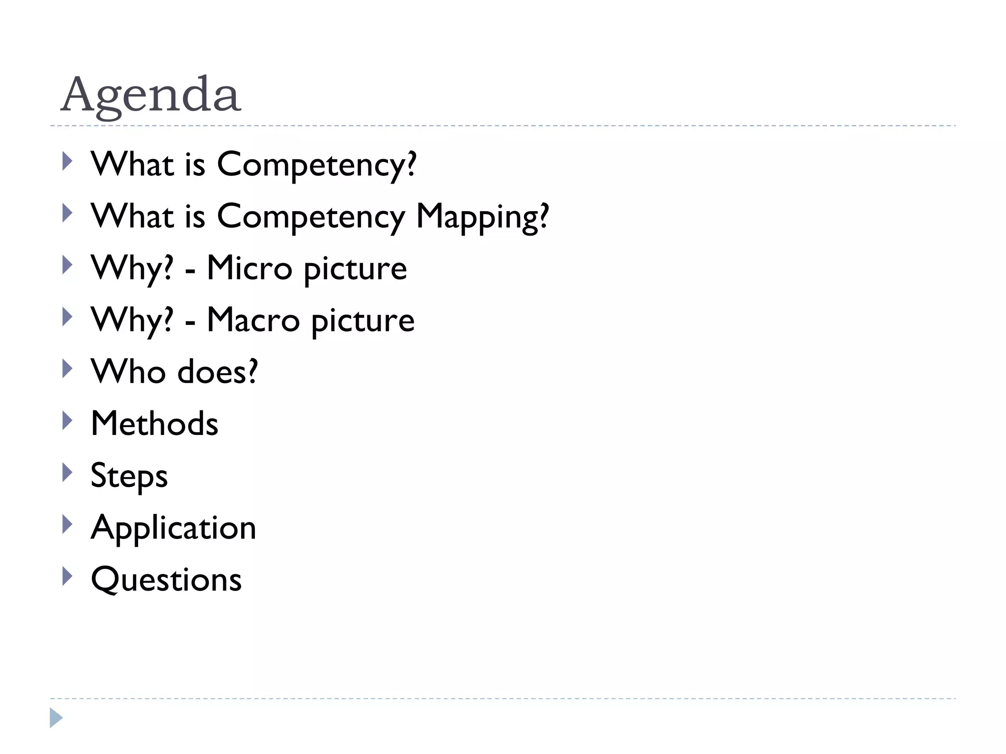 Agenda What is Competency? What is Competency Mapping? Why? - Micro picture Why? - Macro picture Who does? Methods Steps Application Questions 