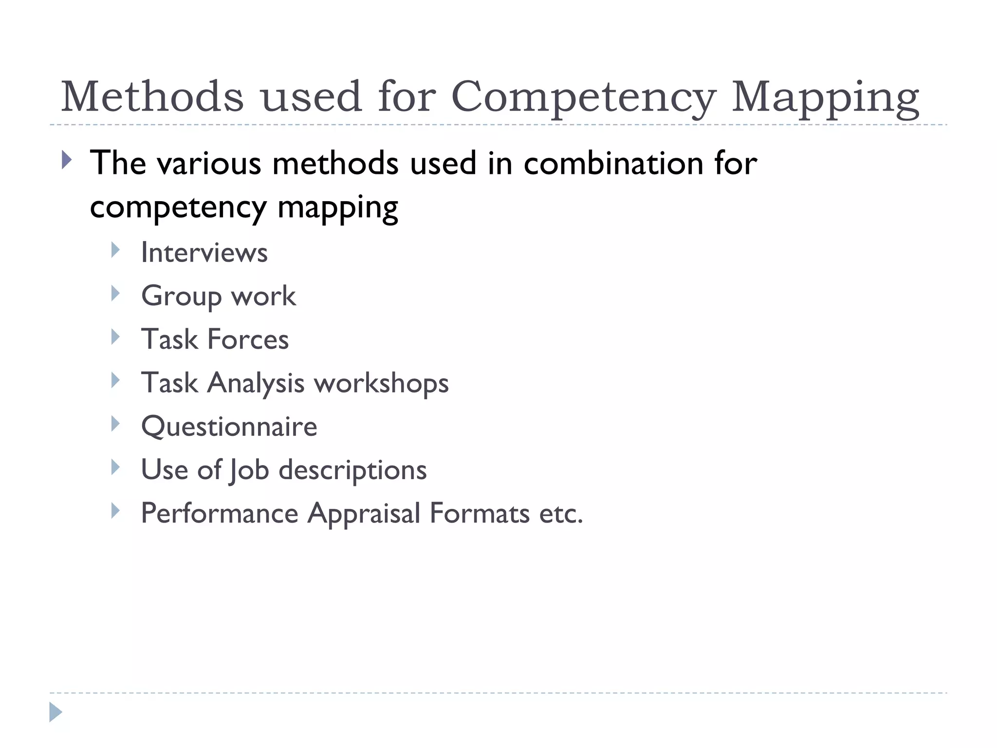 Methods used for Competency Mapping The various methods used in combination for competency mapping Interviews Group work Task Forces  Task Analysis workshops Questionnaire Use of Job descriptions Performance Appraisal Formats etc. 
