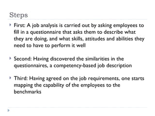 Steps First: A job analysis is carried out by asking employees to fill in a questionnaire that asks them to describe what they are doing, and what skills, attitudes and abilities they need to have to perform it well Second: Having discovered the similarities in the questionnaires, a competency-based job description Third: Having agreed on the job requirements, one starts mapping the capability of the employees to the benchmarks 
