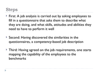Steps <ul><li>First: A job analysis is carried out by asking employees to fill in a questionnaire that asks them to descri...