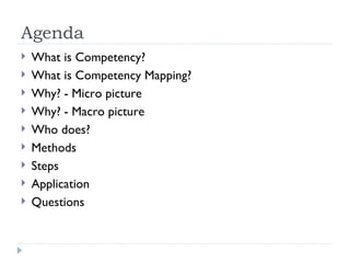 Agenda <ul><li>What is Competency? </li></ul><ul><li>What is Competency Mapping? </li></ul><ul><li>Why? - Micro picture </...