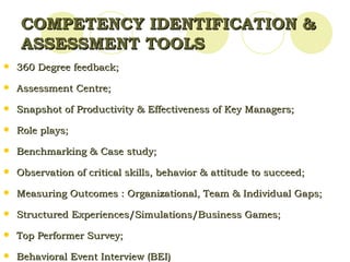 COMPETENCY IDENTIFICATION & ASSESSMENT TOOLS 360 Degree feedback;  Assessment Centre; Snapshot of Productivity & Effectiveness of Key Managers; Role plays;  Benchmarking & Case study; Observation of critical skills, behavior & attitude to succeed; Measuring Outcomes : Organizational, Team & Individual Gaps; Structured Experiences/Simulations/Business Games; Top Performer Survey; Behavioral Event Interview (BEI)  