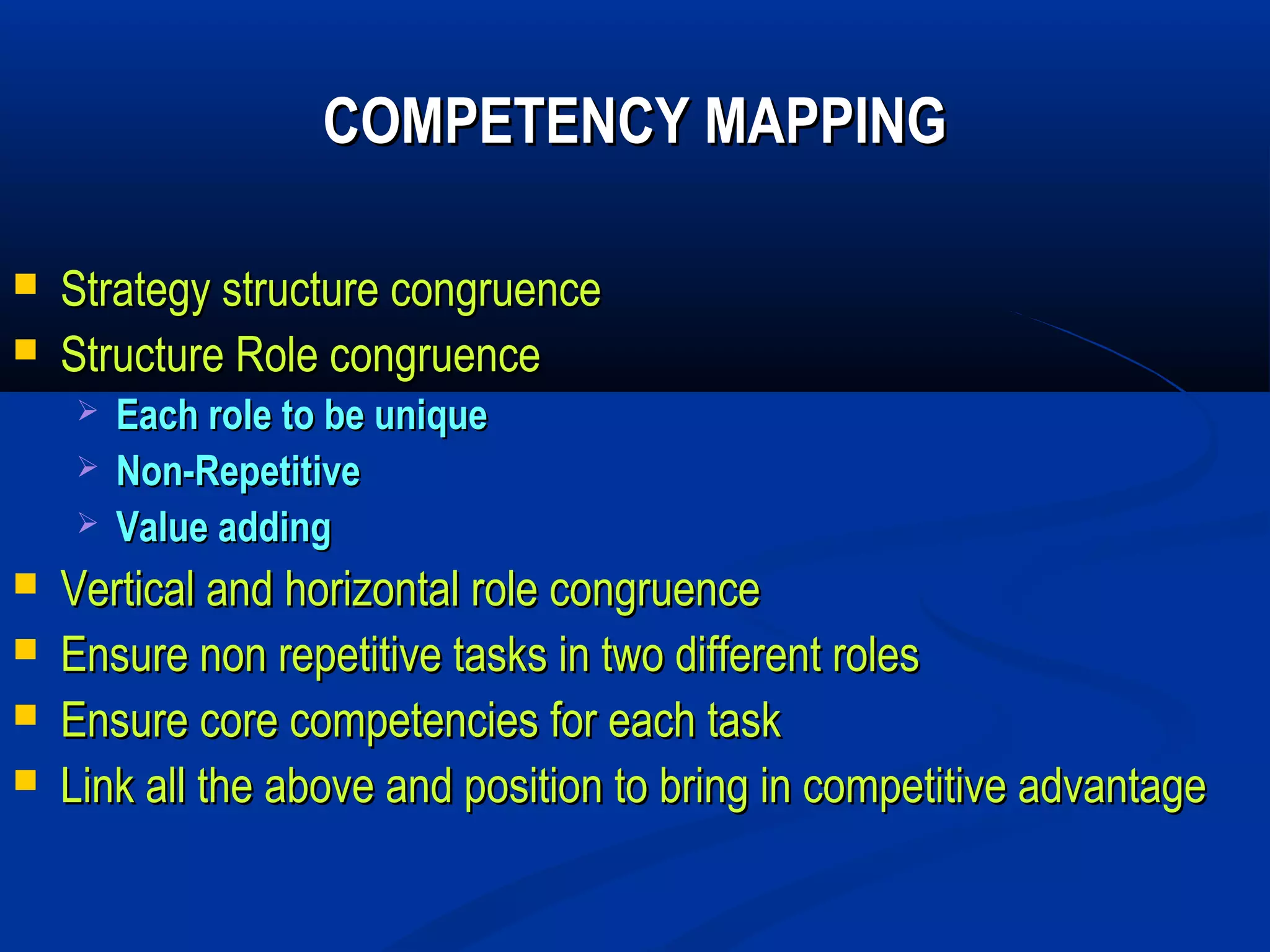 COMPETENCY MAPPING

   Strategy structure congruence
   Structure Role congruence
       Each role to be unique
       Non-Repetitive
       Value adding
   Vertical and horizontal role congruence
   Ensure non repetitive tasks in two different roles
   Ensure core competencies for each task
   Link all the above and position to bring in competitive advantage
 