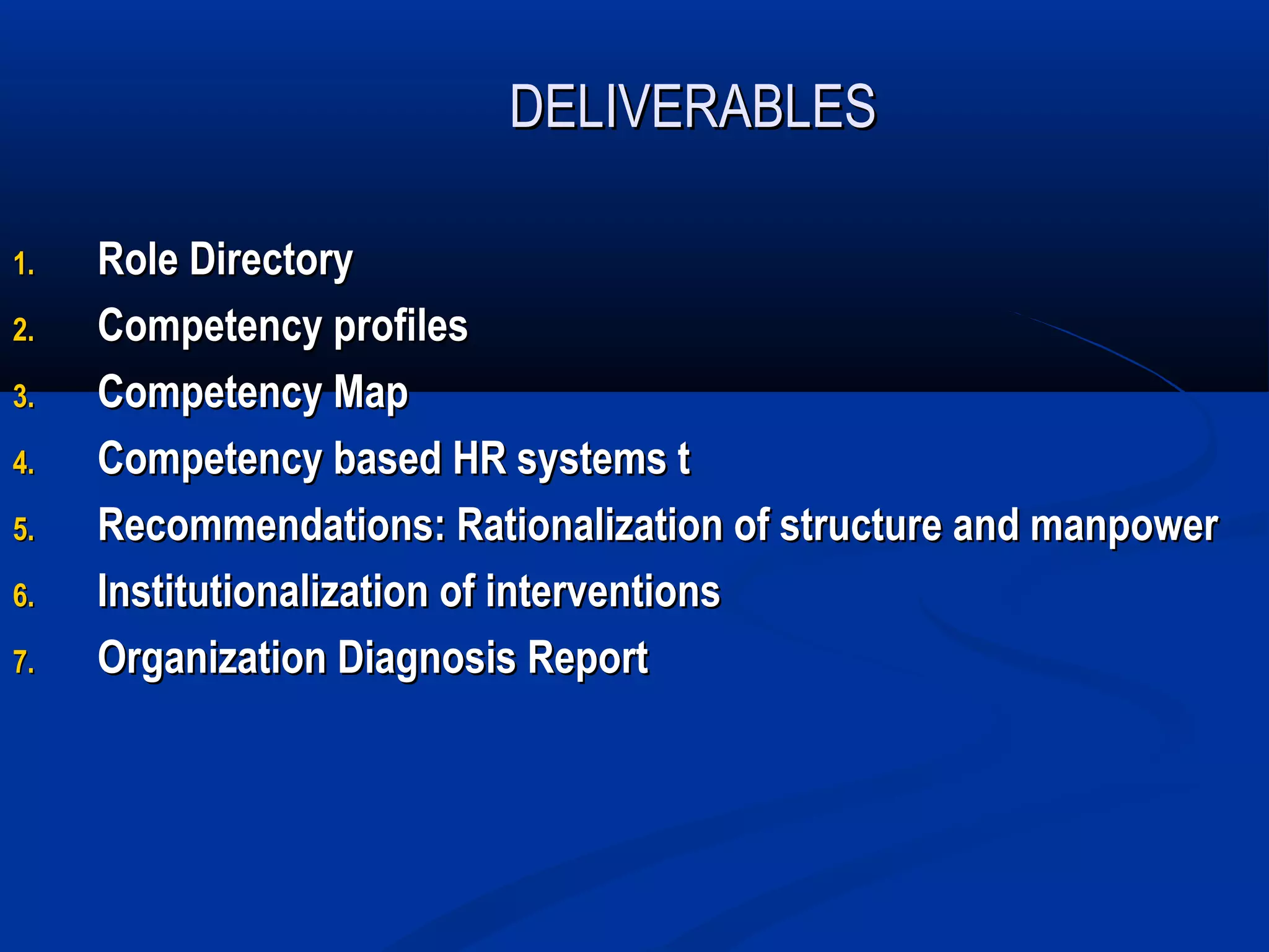 DELIVERABLES

1.   Role Directory
2.   Competency profiles
3.   Competency Map
4.   Competency based HR systems t
5.   Recommendations: Rationalization of structure and manpower
6.   Institutionalization of interventions
7.   Organization Diagnosis Report
 