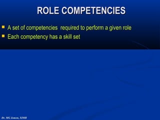 ROLE COMPETENCIES
   A set of competencies required to perform a given role
   Each competency has a skill set




Dr. MG Jomon, XIMB
 