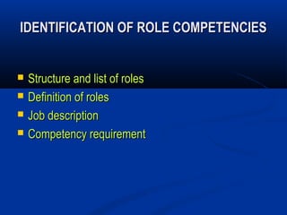IDENTIFICATION OF ROLE COMPETENCIES


   Structure and list of roles
   Definition of roles
   Job description
   Competency requirement
 