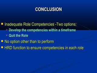 CONCLUSION

   Inadequate Role Competencies -Two options:
     Develop the competencies within a timeframe
     Quit the Role

   No option other than to perform
   HRD function to ensure competencies in each role
 
