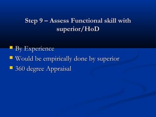 Step 9 – Assess Functional skill with
                  superior/HoD

   By Experience
   Would be empirically done by superior
   360 degree Appraisal
 