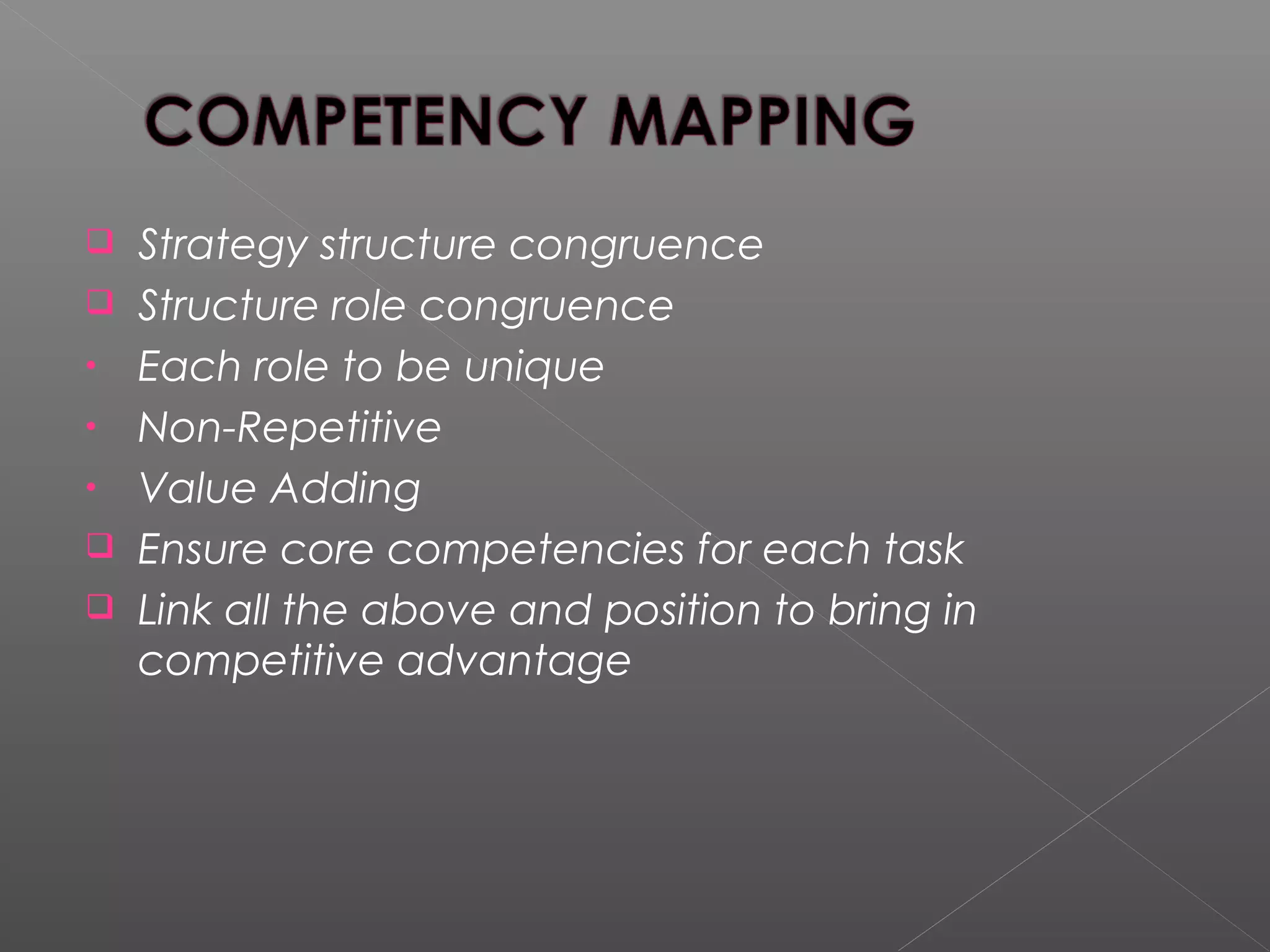  Strategy structure congruence
 Structure role congruence
• Each role to be unique
• Non-Repetitive
• Value Adding
 Ensure core competencies for each task
 Link all the above and position to bring in
competitive advantage
 
