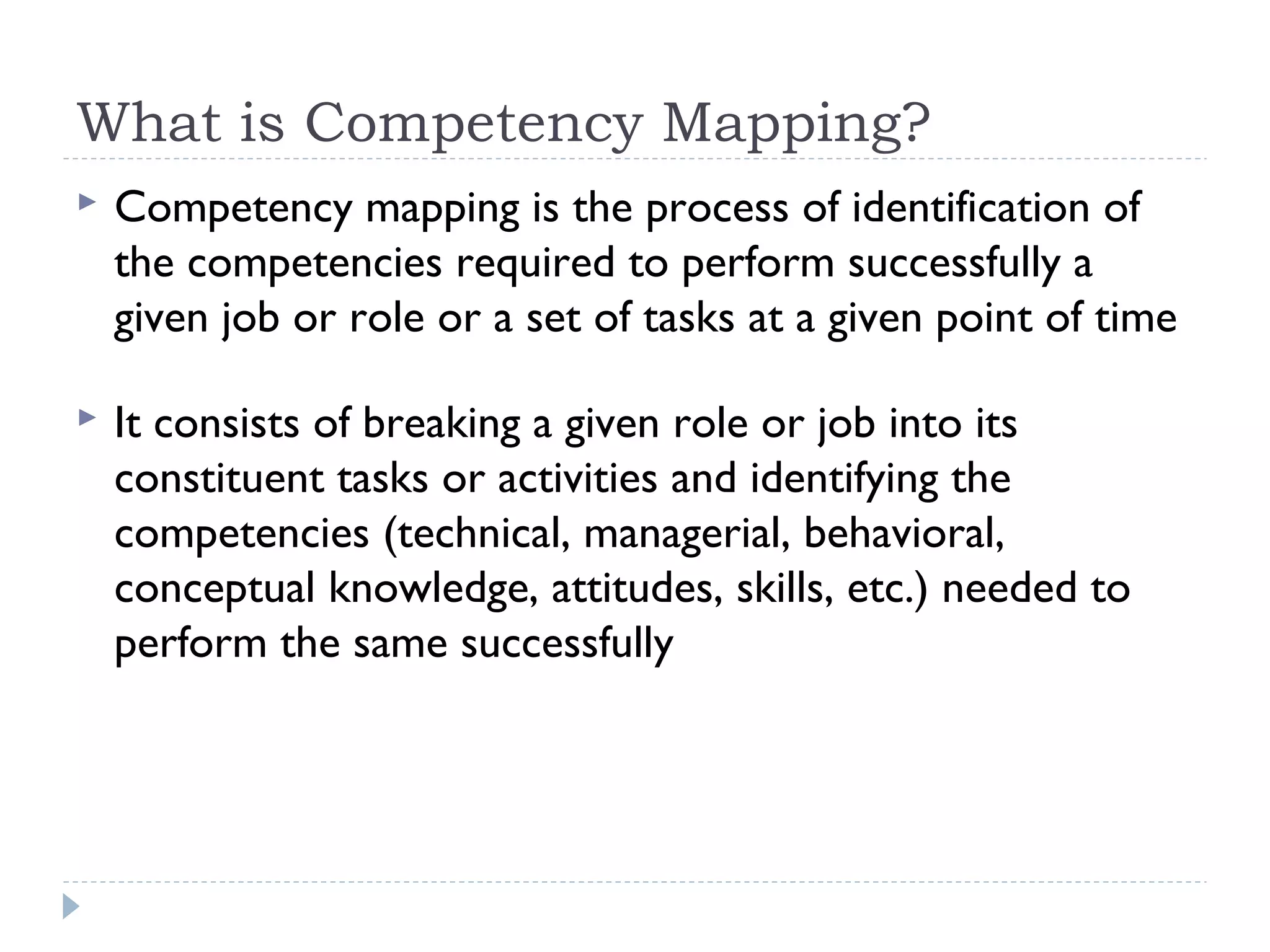 What is Competency Mapping? 
 Competency mapping is the process of identification of 
the competencies required to perform successfully a 
given job or role or a set of tasks at a given point of time 
 It consists of breaking a given role or job into its 
constituent tasks or activities and identifying the 
competencies (technical, managerial, behavioral, 
conceptual knowledge, attitudes, skills, etc.) needed to 
perform the same successfully 
 