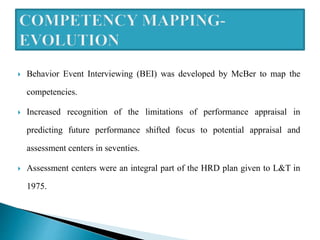  Behavior Event Interviewing (BEI) was developed by McBer to map the
competencies.
 Increased recognition of the limitations of performance appraisal in
predicting future performance shifted focus to potential appraisal and
assessment centers in seventies.
 Assessment centers were an integral part of the HRD plan given to L&T in
1975.
 