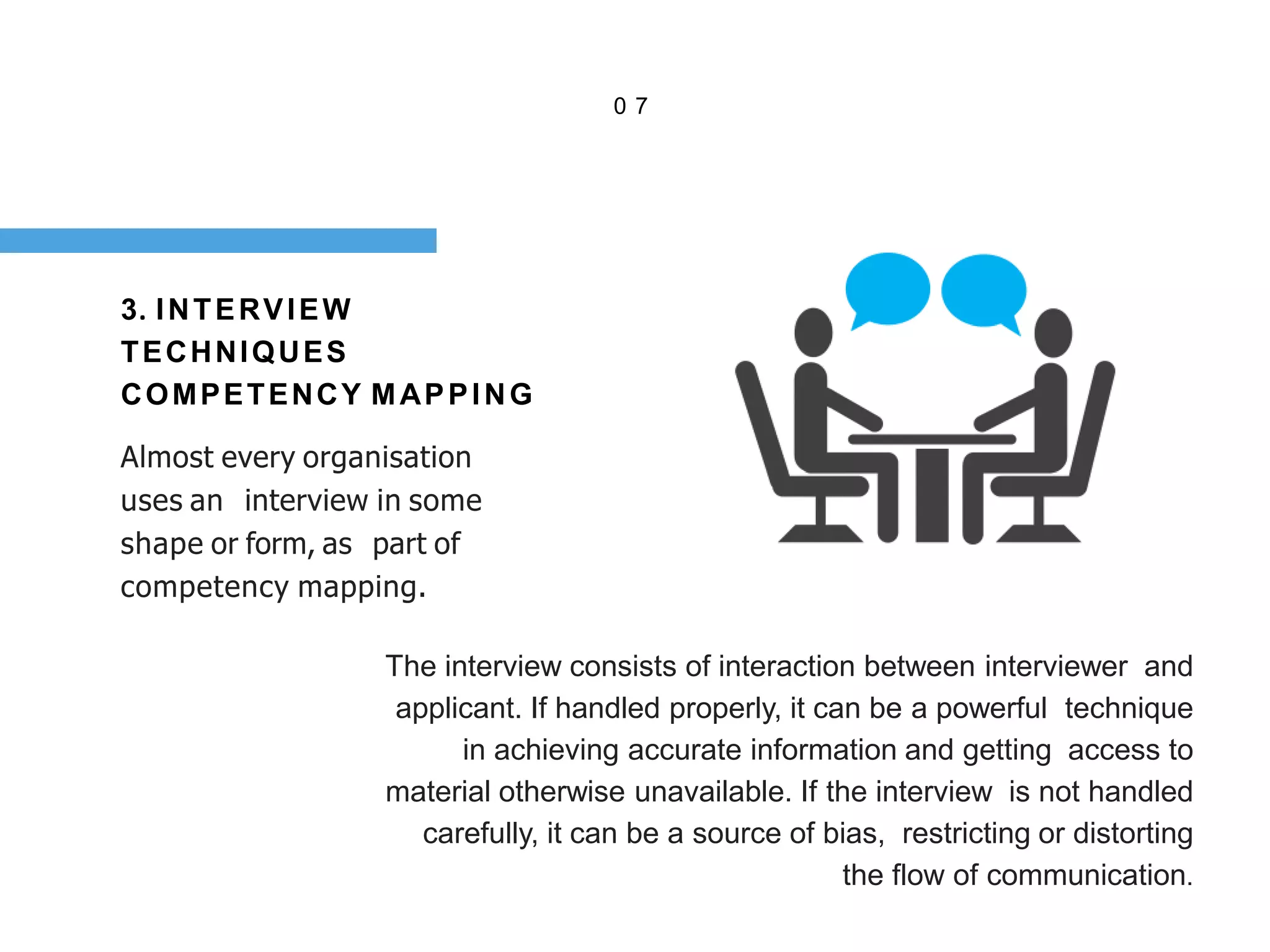 0 7
3. INTERVIEW
TECHNIQUES
COMPETENCY MAPPING
Almost every organisation
uses an interview in some
shape or form, as part of
competency mapping.
The interview consists of interaction between interviewer and
applicant. If handled properly, it can be a powerful technique
in achieving accurate information and getting access to
material otherwise unavailable. If the interview is not handled
carefully, it can be a source of bias, restricting or distorting
the flow of communication.
 