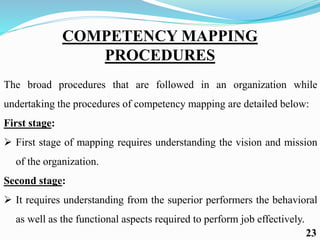 COMPETENCY MAPPING
PROCEDURES
The broad procedures that are followed in an organization while
undertaking the procedures of competency mapping are detailed below:
First stage:
 First stage of mapping requires understanding the vision and mission
of the organization.
Second stage:
 It requires understanding from the superior performers the behavioral
as well as the functional aspects required to perform job effectively.
23
 