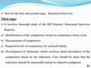  Tool for the first and second stage: Structured Interview
Third stage:
 It involves thorough study of the BEI Reports/ Structured Interview
Reports;
a) Identification of the competency based on competency frame work
b) Measurement of competency
c) Required levels of competency for each job family
d) Development of dictionary which involves detail description of the
competency based on the indicators. Care should be taken that the
indicators should be measurable and gives objective judgment.
24
 