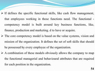  If defines the specific functional skills, like cash flow management,
that employees working in those functions need. The functional -
competency model is built around key business functions, like,
finance, production and marketing. d to have or acquire.
 The core competency model is based on the value systems, vision and
mission of the organization. It defines the set of soft skills that should
be possessed by every employee of the organization.
 A combination of these models obviously allows the company to map
the functional managerial and behavioural attributes that are required
for each position in the organization.
54
 