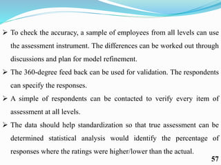  To check the accuracy, a sample of employees from all levels can use
the assessment instrument. The differences can be worked out through
discussions and plan for model refinement.
 The 360-degree feed back can be used for validation. The respondents
can specify the responses.
 A simple of respondents can be contacted to verify every item of
assessment at all levels.
 The data should help standardization so that true assessment can be
determined statistical analysis would identify the percentage of
responses where the ratings were higher/lower than the actual.
57
 
