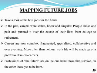  Take a look at the best jobs for the future.
 In the past, careers were stable, linear and singular. People chose one
path and pursued it over the course of their lives from college to
retirement.
 Careers are now complex, fragmented, specialized, collaborative and
ever evolving. More often than not, our work life will be made up of a
portfolio of micro-careers.
 Professions of "the future" are on the one hand those that survive, on
the other those yet to be born.
MAPPING FUTURE JOBS
59
 