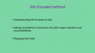 Job Focused method
• Understanding the Purpose of Job
• Asking incumbents to list down the job’s major activities and
accountabilities
• Mapping each task
 