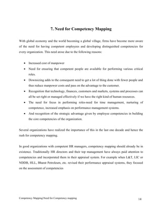 7. Need for Competency Mapping

With global economy and the world becoming a global village, firms have become more aware
of the need for having competent employees and developing distinguished competencies for
every organization. This need arose due to the following reasons:


   •   Increased cost of manpower
   •   Need for ensuring that competent people are available for performing various critical
       roles.
   •   Downsizing adds to the consequent need to get a lot of thing done with fewer people and
       thus reduce manpower costs and pass on the advantage to the customer.
   •   Recognition that technology, finances, customers and markets, systems and processes can
       all be set right or managed effectively if we have the right kind of human resources.
   •   The need for focus in performing roles-need for time management, nurturing of
       competence, increased emphasis on performance management systems.
   •   And recognition of the strategic advantage given by employee competencies in building
       the core competencies of the organization.


Several organizations have realized the importance of this in the last one decade and hence the
rush for competency mapping.


In good organizations with competent HR managers, competency mapping should already be in
existence. Traditionally HR directors and their top management have always paid attention to
competencies and incorporated them in their appraisal system. For example when L&T, LIC or
NDDB, HLL, Bharat Petroleum, etc. revised their performance appraisal systems, they focused
on the assessment of competencies




Competency MappingNeed for Competency mapping                                                 14
 