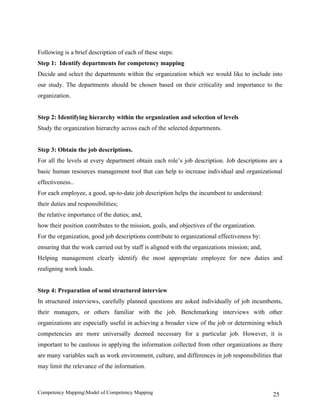 Following is a brief description of each of these steps:
Step 1: Identify departments for competency mapping
Decide and select the departments within the organization which we would like to include into
our study. The departments should be chosen based on their criticality and importance to the
organization.


Step 2: Identifying hierarchy within the organization and selection of levels
Study the organization hierarchy across each of the selected departments.


Step 3: Obtain the job descriptions.
For all the levels at every department obtain each role’s job description. Job descriptions are a
basic human resources management tool that can help to increase individual and organizational
effectiveness..
For each employee, a good, up-to-date job description helps the incumbent to understand:
their duties and responsibilities;
the relative importance of the duties; and,
how their position contributes to the mission, goals, and objectives of the organization.
For the organization, good job descriptions contribute to organizational effectiveness by:
ensuring that the work carried out by staff is aligned with the organizations mission; and,
Helping management clearly identify the most appropriate employee for new duties and
realigning work loads.


Step 4: Preparation of semi structured interview
In structured interviews, carefully planned questions are asked individually of job incumbents,
their managers, or others familiar with the job. Benchmarking interviews with other
organizations are especially useful in achieving a broader view of the job or determining which
competencies are more universally deemed necessary for a particular job. However, it is
important to be cautious in applying the information collected from other organizations as there
are many variables such as work environment, culture, and differences in job responsibilities that
may limit the relevance of the information.



Competency MappingModel of Competency Mapping                                                25
 