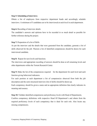 Step 5: Scheduling of interviews
Obtain a list of employees from respective department heads and accordingly schedule
interviews. A minimum of 5 candidates are to be interviewed at each level in each department.


Step 6: Recording of interview details
The candidate’s answers and opinions have to be recorded in as much detail as possible for
further reference during the project.


Step 7: Preparation of a list of Skills
As per the interview and the details that were generated from the candidate, generate a list of
skills observed for the job. Thereon a list of identified competencies should be drawn for each
interviewed candidate.


Step 8: Repeat for next levels and functions.
The interviews and appropriate recording of answers should be done at all remaining levels and
other departments within the Torrent Research Center.


Step 9: Make the list of the competencies required      for the department for each level and each
function giving behavioral indicators.
For each position at each department a list of competencies observed from both the job
description and the semi structured interview (list of skills) should be drawn up.
Each competency should be given a name and an appropriate definition that clearly indicates its
meaning and essence.


Step 10: Validate identified competencies and proficiency levels with Head of Departments.
Confirm competency definitions with respective Head Of Department’s and obtain from the
required proficiency levels of each competency that is ideal for each role. Also locate any
missing competencies.




Competency MappingModel of Competency Mapping                                                26
 