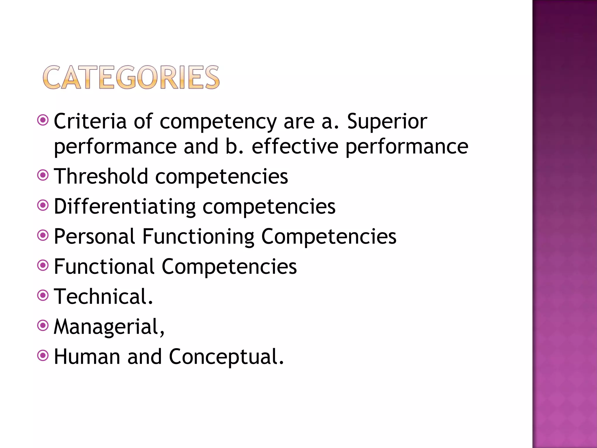 Criteria of competency are a. Superior performance and b. effective performance Threshold competencies Differentiating competencies Personal Functioning Competencies  Functional Competencies Technical.  Managerial,  Human and Conceptual. 