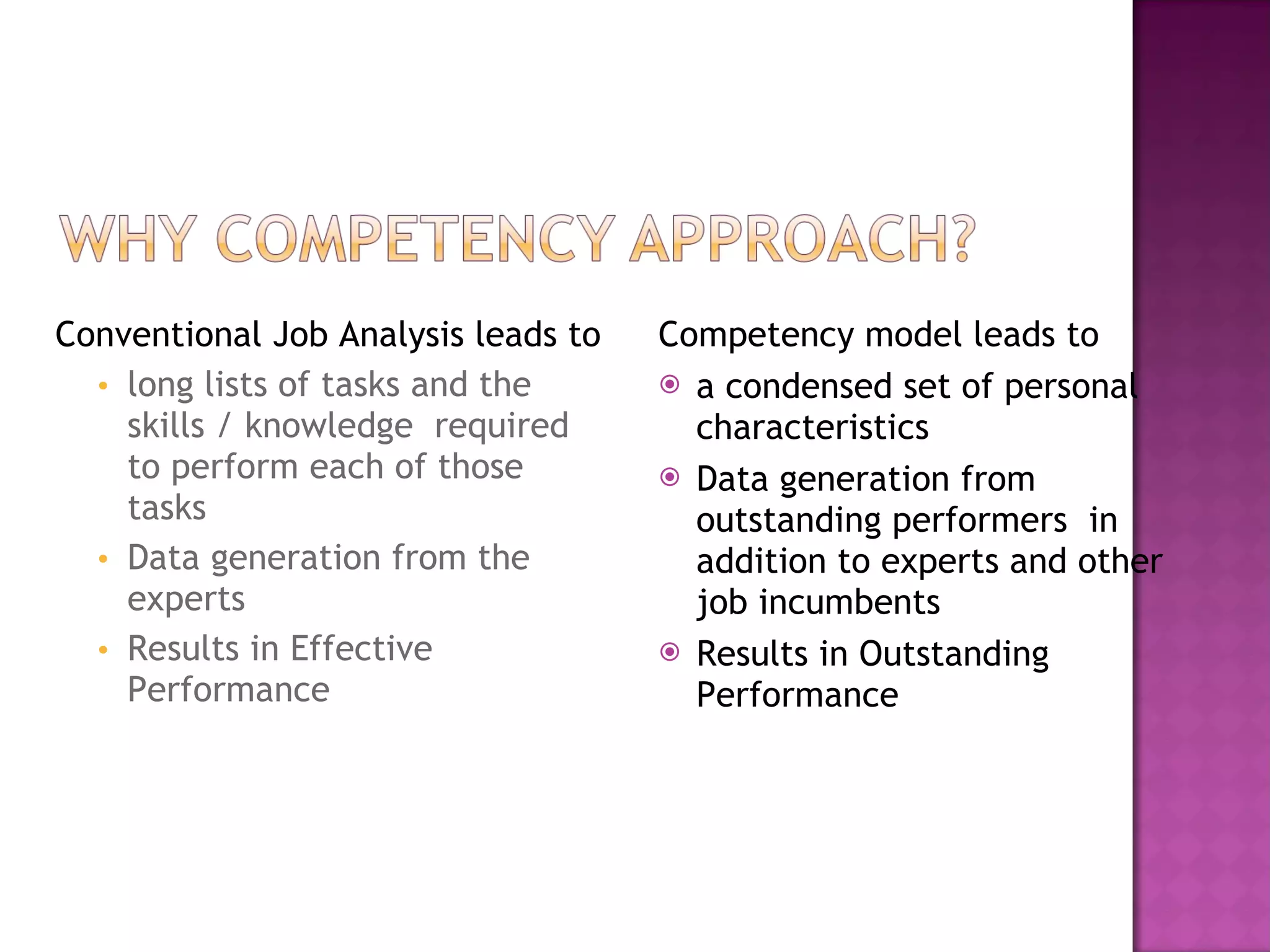 Conventional Job Analysis leads to  long lists of tasks and the skills / knowledge  required to perform each of those tasks Data generation from the  experts  Results in Effective Performance Competency model leads to a condensed set of personal characteristics Data generation from outstanding performers  in addition to experts and other job incumbents Results in Outstanding Performance 