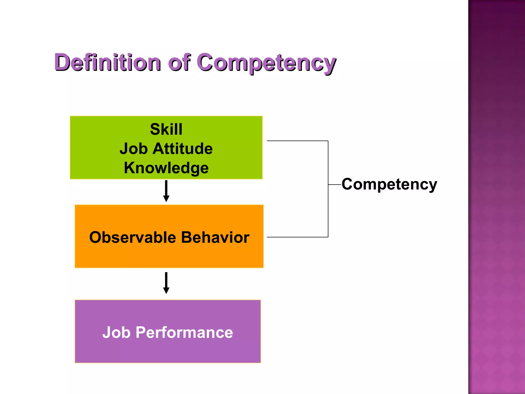Skill Job Attitude Knowledge Observable Behavior  Job Performance  Competency Definition of Competency 