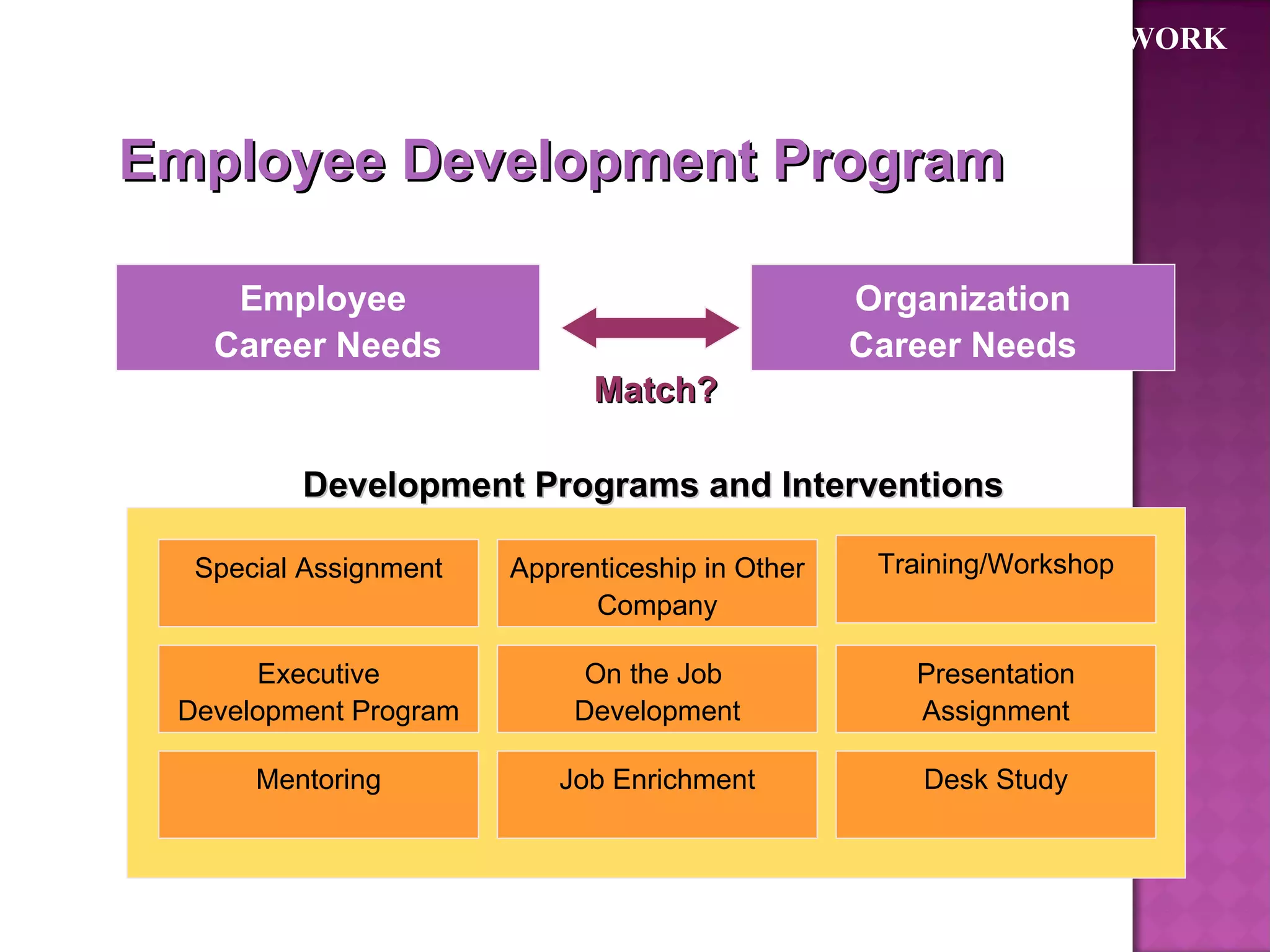CONCEPTUAL FRAMEWORK Employee Development Program Employee  Career Needs Organization Career Needs Match? Special Assignment Mentoring Executive Development Program Job Enrichment On the Job  Development Apprenticeship in Other Company Presentation Assignment Training/Workshop Desk Study Development Programs and Interventions 