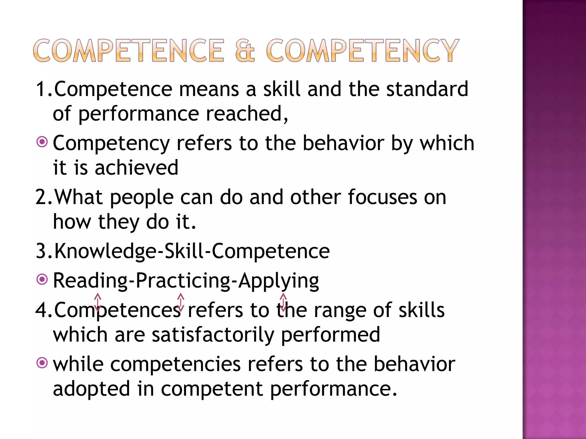 1.Competence means a skill and the standard of performance reached, Competency refers to the behavior by which it is achieved  2.What people can do and other focuses on how they do it. 3.Knowledge-Skill-Competence Reading-Practicing-Applying 4.Competences refers to the range of skills which are satisfactorily performed  while competencies refers to the behavior adopted in competent performance. 