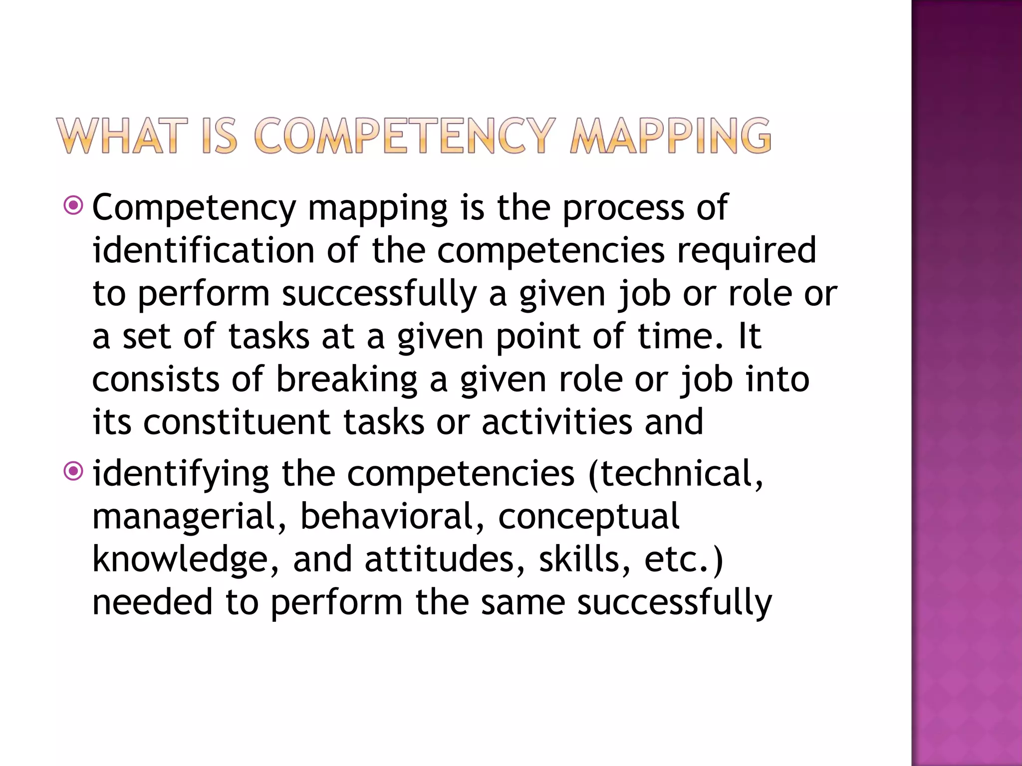 Competency mapping is the process of identification of the competencies required to perform successfully a given job or role or a set of tasks at a given point of time. It consists of breaking a given role or job into its constituent tasks or activities and  identifying the competencies (technical, managerial, behavioral, conceptual knowledge, and attitudes, skills, etc.) needed to perform the same successfully 