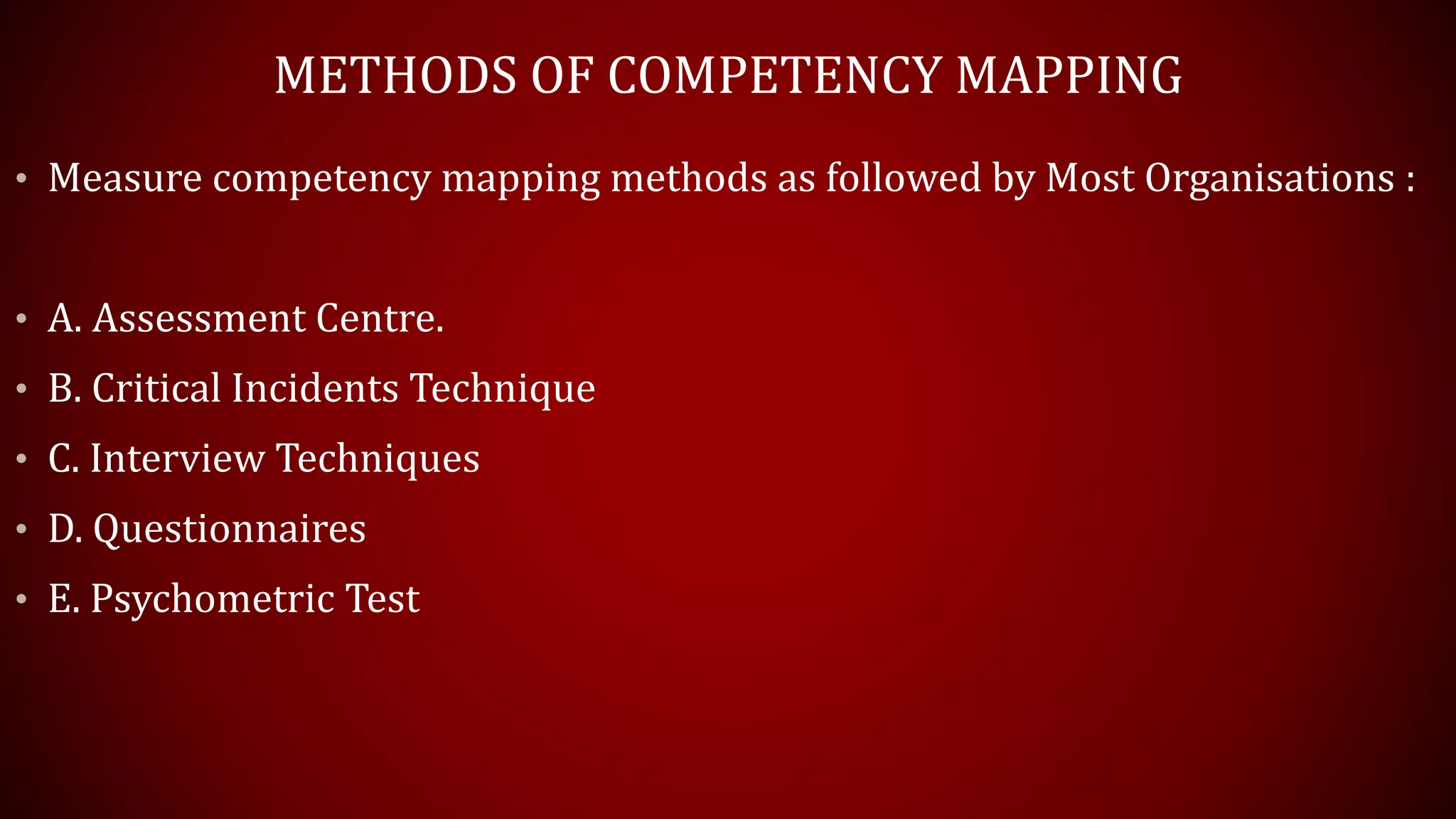 METHODS OF COMPETENCY MAPPING
• Measure competency mapping methods as followed by Most Organisations :
• A. Assessment Centre.
• B. Critical Incidents Technique
• C. Interview Techniques
• D. Questionnaires
• E. Psychometric Test
 