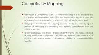 Competency Mapping
 Deriving at a Competency Map – A competency map is a list of individual’s
competencies that represent the factors that are crucial to success in given job
role, department or organization in alignment with individual’s career goals
 Carrying out the Competency Mapping exercise – Competency mapping is a
process of identifying and describing most specific competencies that are
critical to success
 Creating a Competency Profile – Process of identifying the knowledge, skills and
abilities within each competency resulting into effective performance in a
particular situation/profession. Competency profiling is business/company
specific.
 