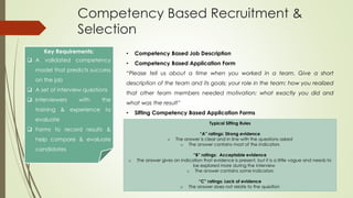 Competency Based Recruitment &
Selection
Key Requirements:
 A validated competency
model that predicts success
on the job
 A set of interview questions
 Interviewers with the
training & experience to
evaluate
 Forms to record results &
help compare & evaluate
candidates
• Competency Based Job Description
• Competency Based Application Form
“Please tell us about a time when you worked in a team. Give a short
description of the team and its goals; your role in the team; how you realized
that other team members needed motivation; what exactly you did and
what was the result”
• Sifting Competency Based Application Forms
Typical Sifting Rules
“A” ratings: Strong evidence
o The answer is clear and in line with the questions asked
o The answer contains most of the indicators
“B” ratings: Acceptable evidence
o The answer gives an indication that evidence is present, but it is a little vague and needs to
be explored more during the interview
o The answer contains some indicators
“C” ratings: Lack of evidence
o The answer does not relate to the question
 