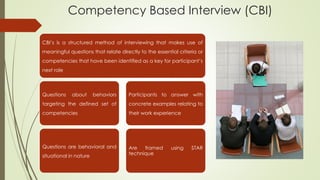 Competency Based Interview (CBI)
CBI’s is a structured method of interviewing that makes use of
meaningful questions that relate directly to the essential criteria or
competencies that have been identified as a key for participant’s
next role
Questions about behaviors
targeting the defined set of
competencies
Questions are behavioral and
situational in nature
Participants to answer with
concrete examples relating to
their work experience
Are framed using STAR
technique
 
