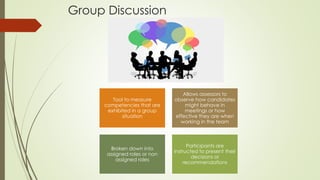 Group Discussion
Tool to measure
competencies that are
exhibited in a group
situation
Allows assessors to
observe how candidates
might behave in
meetings or how
effective they are when
working in the team
Broken down into
assigned roles or non
assigned roles
Participants are
instructed to present their
decisions or
recommendations
 