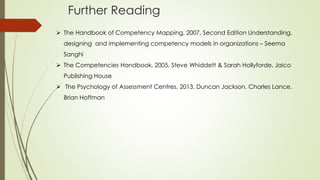 Further Reading
 The Handbook of Competency Mapping, 2007, Second Edition Understanding,
designing and implementing competency models in organizations – Seema
Sanghi
 The Competencies Handbook, 2005, Steve Whiddett & Sarah Hollyforde, Jaico
Publishing House
 The Psychology of Assessment Centres, 2013, Duncan Jackson, Charles Lance,
Brian Hoffman
 