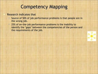 Competency Mapping Research indicates that  Source of 50% of job performance problems is that people are in the wrong job.  25% of on-the-job performance problems is the inability to identify the ‘gaps’ between the competencies of the person and the requirements of the job.  