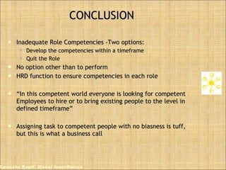 CONCLUSION Inadequate Role Competencies -Two options: Develop the competencies within a timeframe  Quit the Role  No option other than to perform HRD function to ensure competencies in each role “ In this competent world everyone is looking for competent Employees to hire or to bring existing people to the level in defined timeframe” Assigning task to competent people with no biasness is tuff, but this is what a business call Himanshu Kapil- Global InnovSource 