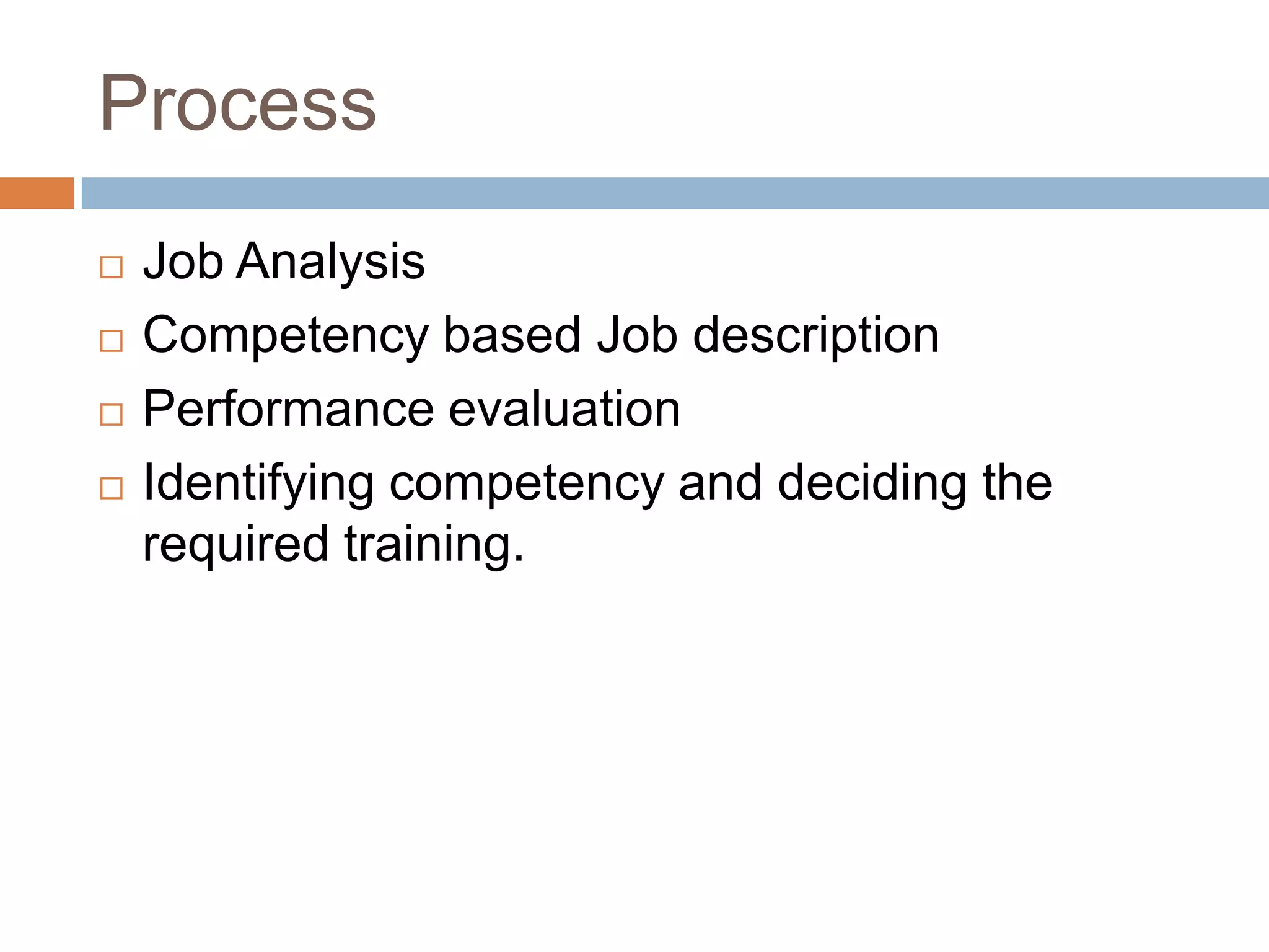 Process
   Job Analysis
   Competency based Job description
   Performance evaluation
   Identifying competency and deciding the
    required training.
 