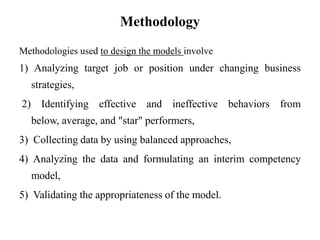 Methodology
Methodologies used to design the models involve
1) Analyzing target job or position under changing business
strategies,
2) Identifying effective and ineffective behaviors from
below, average, and "star" performers,
3) Collecting data by using balanced approaches,
4) Analyzing the data and formulating an interim competency
model,
5) Validating the appropriateness of the model.
 