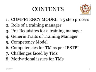 CONTENTS
1. COMPETENCY MODEL: a 5 step process
2. Role of a training manager
3. Pre-Requisites for a training manager
4. Generic Traits of Training Manager
5. Competency Model
6. Competencies for TM as per IBSTPI
7. Challenges faced by TMs
8. Motivational issues for TMs
9/9/2017 3
 