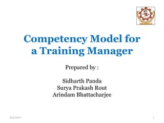 Competency Model for
a Training Manager
Prepared by :
Sidharth Panda
Surya Prakash Rout
Arindam Bhattacharjee
9/9/2017 1
 