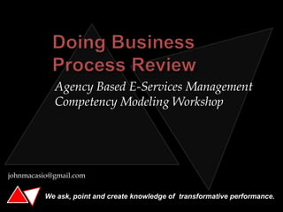 We ask, point and create knowledge of transformative performance.
johnmacasio@gmail.com
Agency Based E-Services Management
Competency Modeling Workshop
 