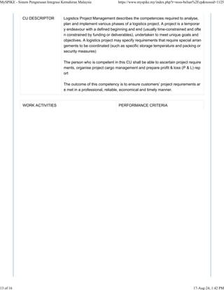 CU DESCRIPTOR Logistics Project Management describes the competencies required to analyse,
plan and implement various phases of a logistics project. A project is a temporar
y endeavour with a defined beginning and end (usually time-constrained and ofte
n constrained by funding or deliverables), undertaken to meet unique goals and
objectives. A logistics project may specify requirements that require special arran
gements to be coordinated (such as specific storage temperature and packing or
security measures)
The person who is competent in this CU shall be able to ascertain project require
ments, organise project cargo management and prepare profit & loss (P & L) rep
ort
The outcome of this competency is to ensure customers’ project requirements ar
e met in a professional, reliable, economical and timely manner.
WORK ACTIVITIES PERFORMANCE CRITERIA
MySPIKE - Sistem Pengurusan Integrasi Kemahiran Malaysia https://www.myspike.my/index.php?r=noss-belian%2Fcp&nossid=1125
13 of 16 17-Aug-24, 1:42 PM
 