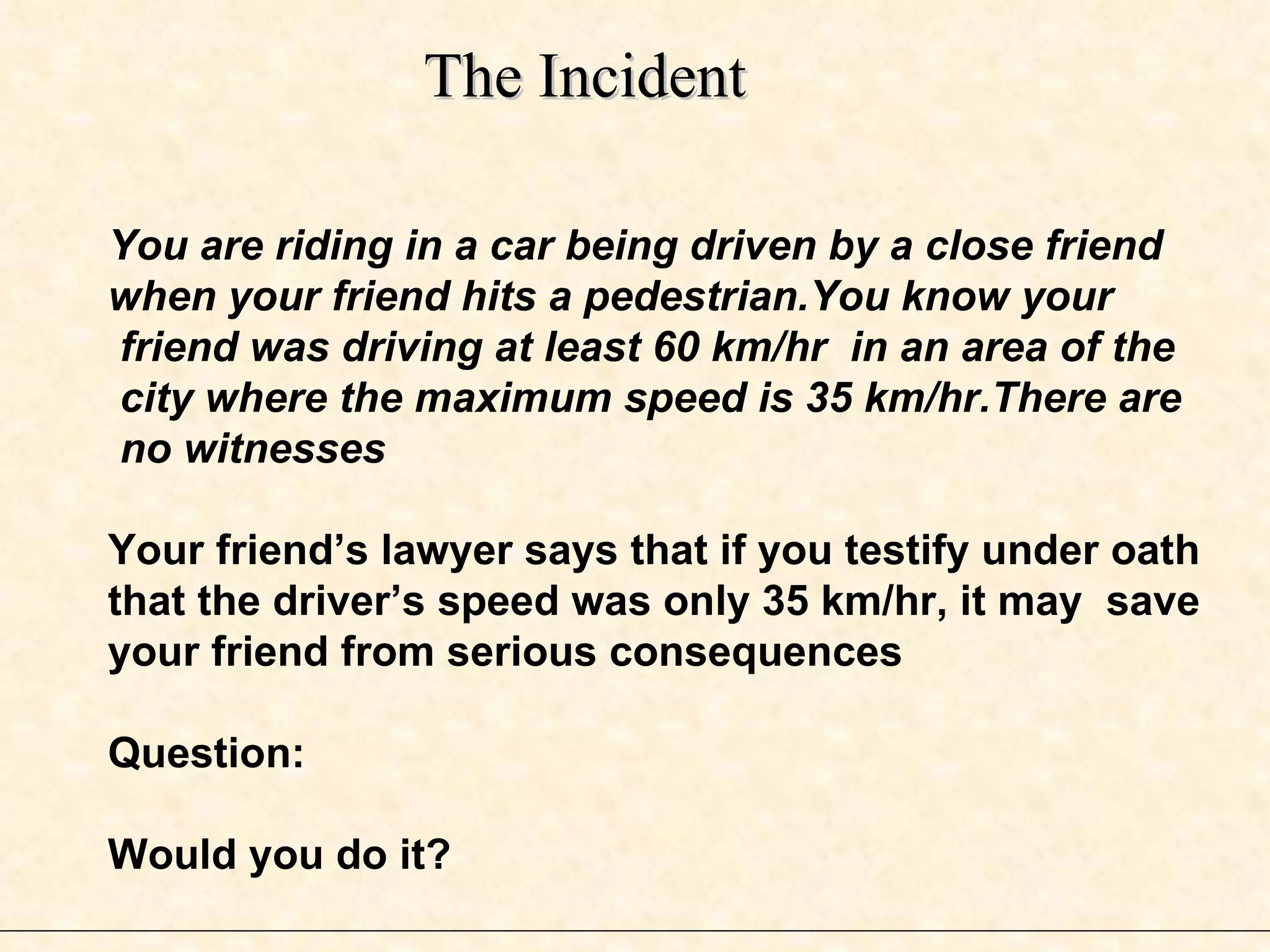 You are riding in a car being driven by a close friend  when your friend hits a pedestrian.You know your friend was driving at least 60 km/hr  in an area of the city where the maximum speed is 35 km/hr.There are no witnesses Your friend’s lawyer says that if you testify under oath  that the driver’s speed was only 35 km/hr, it may  save  your friend from serious consequences Question: Would you do it? The Incident 
